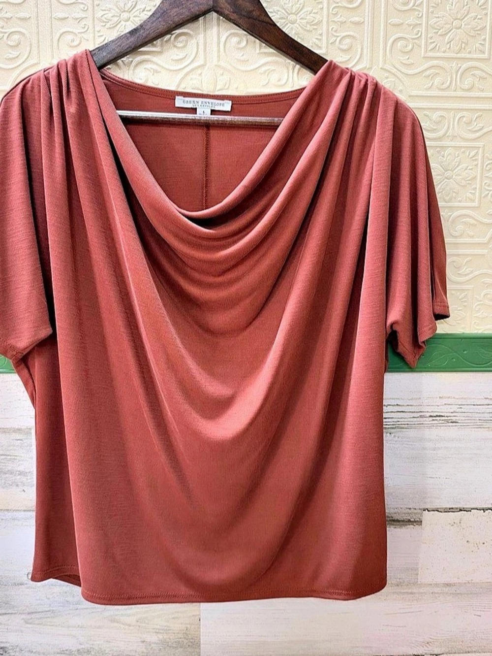 Green Envelope Cowl Neck Top Large Like New